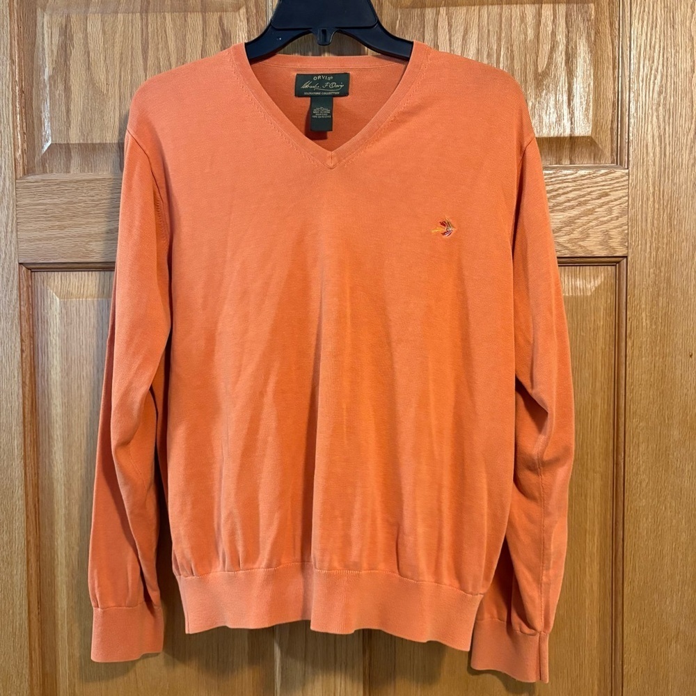 Orvis Signature Collection Pumpkin Orange V-Neck Sweater 70% Silk Cotton Men’s M